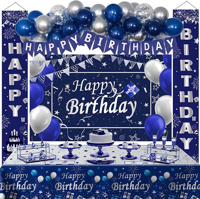 Blue and Silver Birthday Party Decoration for Men Boys Women Girls | Happy Birthday Backdrop Banner Tablecloth Party Supplies Confetti Balloons Arch
