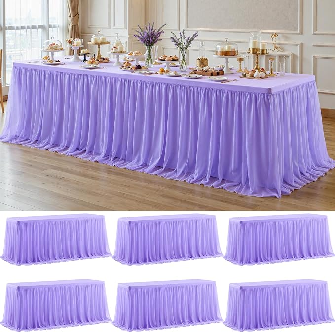 6 Pack Lavender Tulle Tablecloths with Skirt for 8 Foot Rectangle Tables Party Ruffle Tutu Tablecloth 8FT Stretch Fitted Table Cover for Wedding Reception Birthday Baby Shower Celebration Banquet