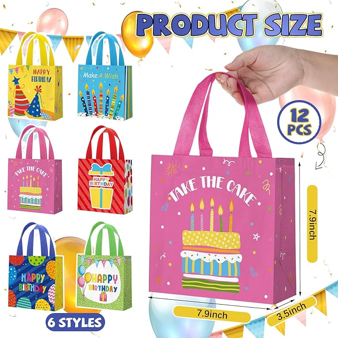 Wesnoy 24 Pcs Happy Birthday Gift Bags Bulk Medium Party Favor Bags Reusable Non Woven Goodie Tote Bag 8 x 8 x 3.5 in Gift Bag with Handles for Birthday Baby Shower Wedding Party Supplies