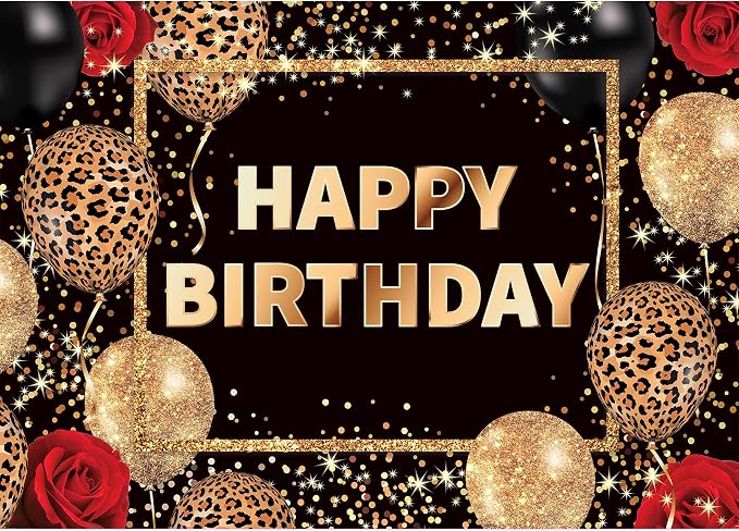 Leopard Print Happy Birthday Backdrop 5Wx3H Feet Polyester Fabric Black Gold Red Cheetah Print Banner for Woman Girls Decoration Balloon Rose Cool Photography Background Photo Shoot Props
