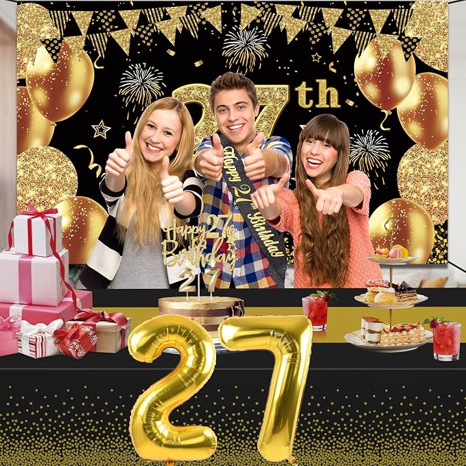 27th Birthday Decorations Men Women with 27th Birthday Banner, Black and Gold Table Cloth, Number Balloons, Large Sash, Cake Topper and Candles