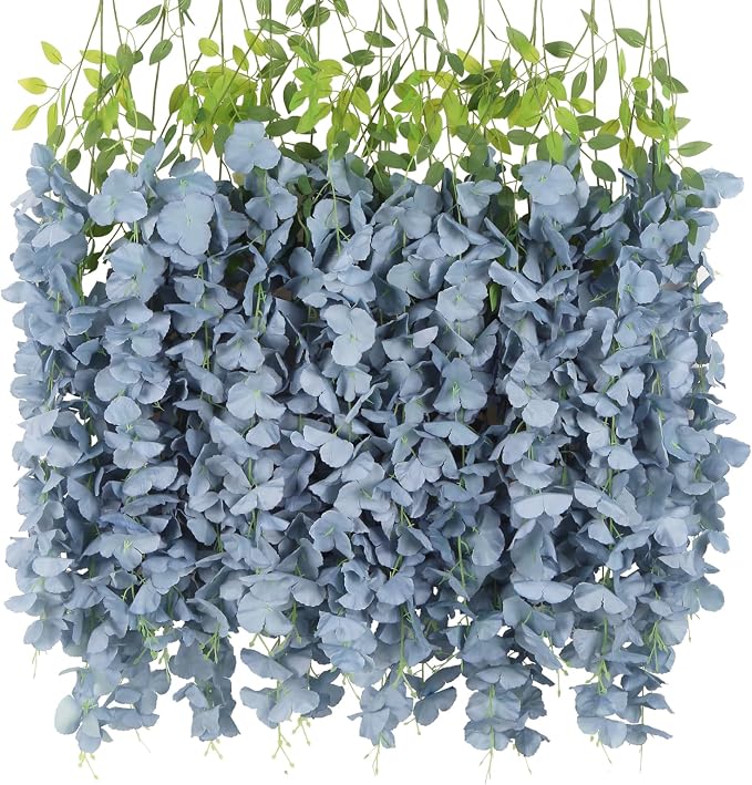 12PCS Dusty Blue Artificial Wisteria Hanging Flowers 3.6Ft Fake Bushy Silk Hanging Flowers Garland Faux Wisteria Vine for Garden Home Wedding Arch Baby Shower Party Decorations (Dusty Blue)