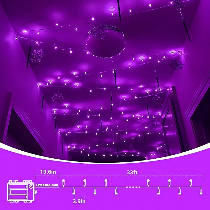 QITONG 2 Pack Battery Operated String Lights, Each 33ft 100 LED Purple Halloween Lights Outdoor Waterproof, 8 Modes Clear Wire Christmas Twinkle Fairy Lights Indoor with Remote