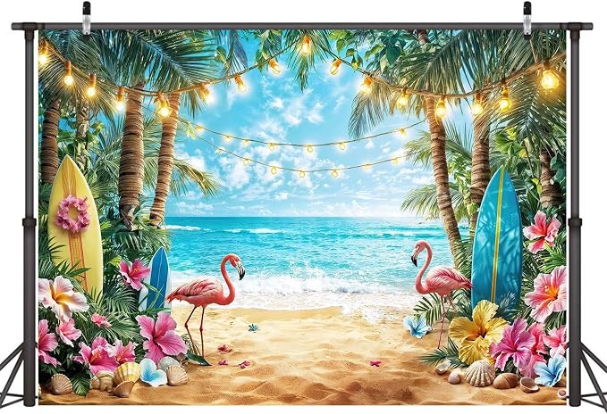 6x4ft Summer Hawaiian Beach Photography Backdrop Flamingo Tropical Flower Palm Leaves Background for Luau Aloha Party Decoration Banner Photo Booths
