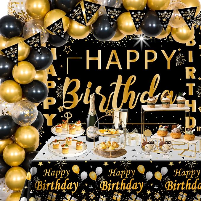 Black and Gold Birthday Decorations for Men Women | Black and Gold Party Decorations with Backdrop, Tablecloth, Confetti Balloons, Banner, Balloon Arch Kit for Birthday Party
