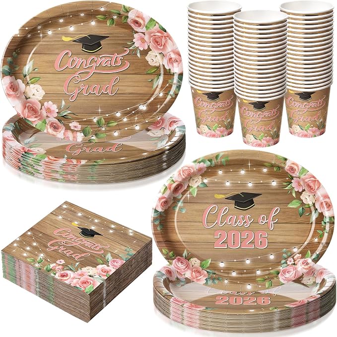 Vesici 150 Pcs Class of 2026 Graduation Party Supplies Floral Graduation Oval Paper Plate Napkin Cup 10'' x 12'' Rustic Heavy Duty Disposable Tableware Set for 2026 Congrats Grad Party Decorations
