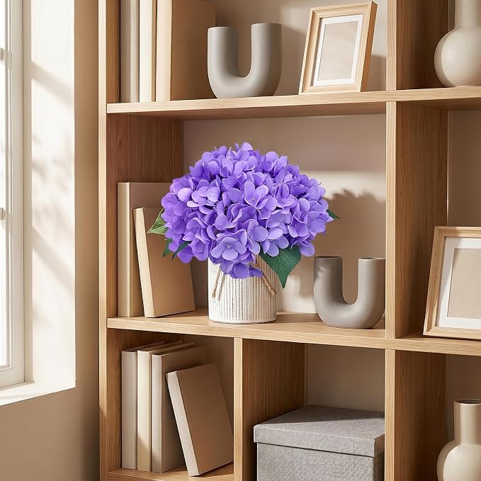 Flower Table Centerpieces - Set of 6 Floral Arrangement Artificial Wedding Hydrangeas Floral Arrangement with Rustic Metal Vase for Bridal Tea Party Event Decorations - Deep Purple