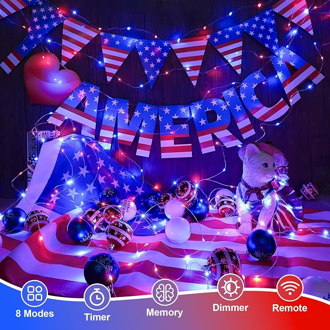 QITONG 2 Pack Fairy Lights Battery Operated, Each 33ft 100LED 4th of July String Lights Outdoor, 8 Modes Silver Wire Twinkle Mini Lights for Patriotic Independence Memorial Decor(Red White and Blue)
