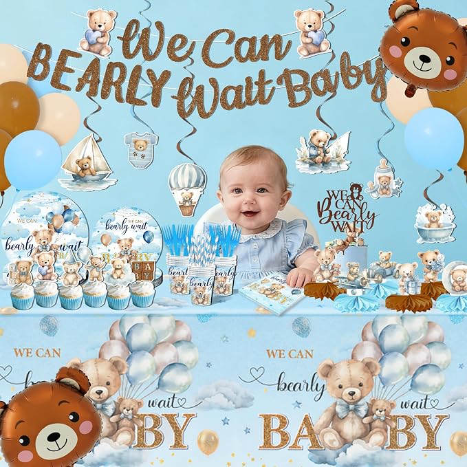 We Can Bearly Wait Baby Shower Decorations Boy, 200Pcs Teddy Bear Baby Shower Balloons Banner Plates Napkins Cake Toppers Tablecloth Honeycomb Balls for Bear Themed Party Decorations Severs 24