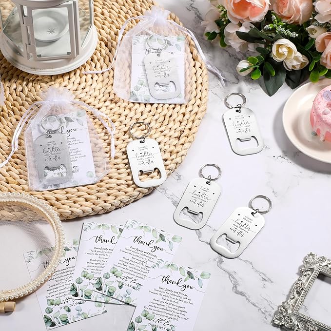 Reallnaive 50 Sets Wedding Gifts for Guests Cheers to Love Laughter and Happily Ever After Opener Beer Opener Keychain Bottle Opener Keychain Thank You Card Organza Bags Bridal Shower Souvenirs
