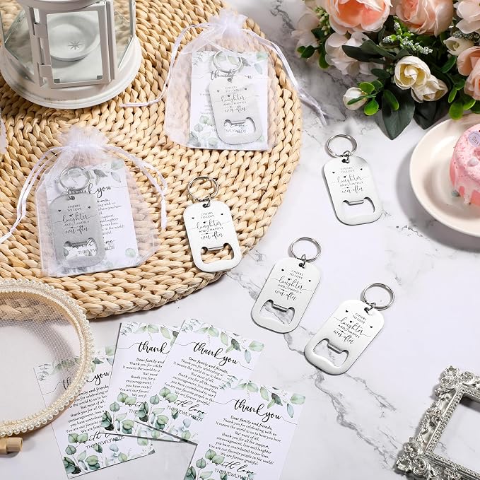 Reallnaive 100 Sets Wedding Gifts for Guests Cheers to Love Laughter and Happily Ever After Opener Beer Opener Keychain Bottle Opener Keychain Thank You Card Organza Bags Bridal Shower Souvenirs