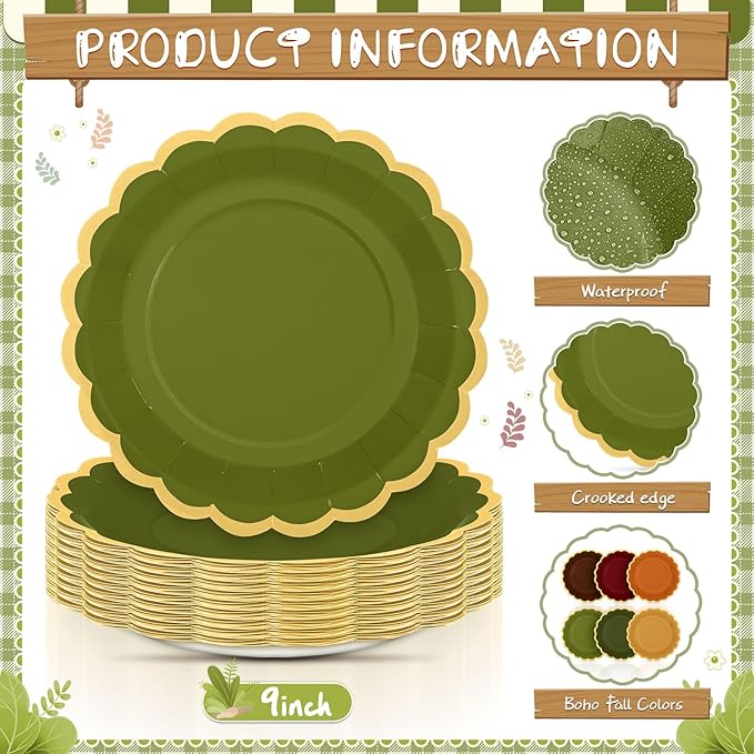 48 Pcs Green and Brown Paper Plates 9 Inch Gradient Woodland Scalloped Paper Plates Disposable Dinner Dessert for Birthday Wedding Bridal Party Supplies, 6 Colors