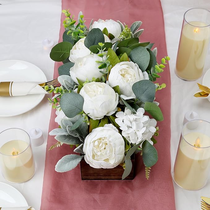 Pre-Made Flower Centerpieces for Table, Artificial Floral Centerpieces for Dining Table Wood Fake Peony Hydrangea Centerpiece for Wedding Living Room Party Bar Kitchen Table(White)
