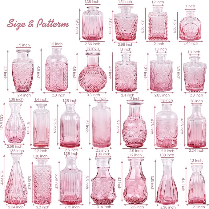 TBWIND Pink Glass Bud Vase Set of 24, Small Flower Vases for Centerpieces in Bulk, Mini Vintage Vase for Wedding Decor, and Home Table Décor