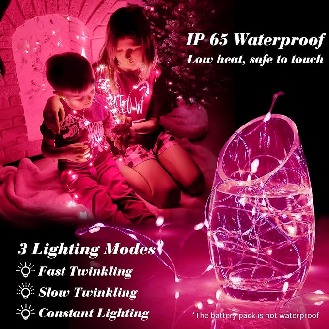 ZGWJ 12 Pack Fairy Lights Battery Operated, 7ft 20 Mini LED Fairy String Lights Silver Wire 3 Modes for DIY, Parties, Wedding, Bedroom, Halloween Christmas Decoration Pink