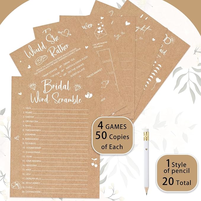 Silipull Bridal Shower Games Set for 50 Guests Includes Bingo, He Said She Said, Scramble, Would She Rather, Advice and Wishes Wedding Games Double Sided with Wooden Box, 20 Pencils (Kraft)