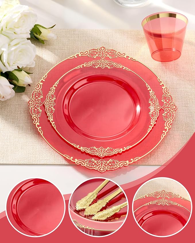 Bestluck 700PCS Clear Red Plastic Plates for 100 Guests, Disposable Plates with Gold Trim include 100 Dinner plates, 100 Dessert Plates, 300 Gold Silverware, Cups and Napkins for Party, Graduation