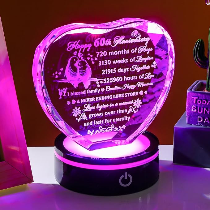 YWHL 60th Wedding Anniversary Crystal Heart Gifts for Parents Couple, Laser Engraved Romantic 60 Year Anniversary Crystal Keepsake Decorations Gifts for Wife Husband, 60 Years of Marriage Gifts