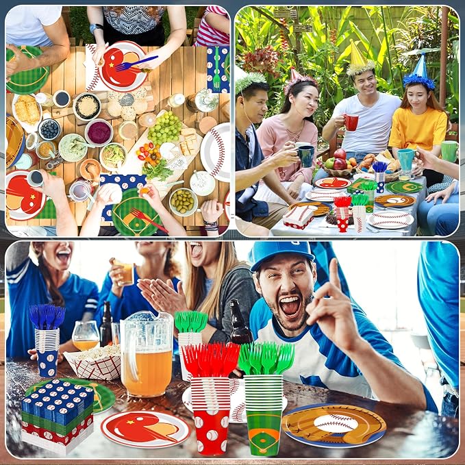 250 Pcs Baseball Birthday Party Decorations Baseballs Disposable Party Tableware Sets Including Plates Cups Napkins Baseball Sports Theme Dinnerware for Sports Birthday Parties Supplies Serves 50