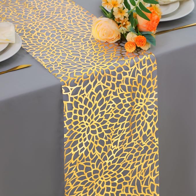 Snowkingdom 2 PCS Gold Table Runner 108 Inches Long, Gold Bloom Sequin Glitter Flower Floral Table Decor for Holiday Dining Kitchen Party Home Decorations