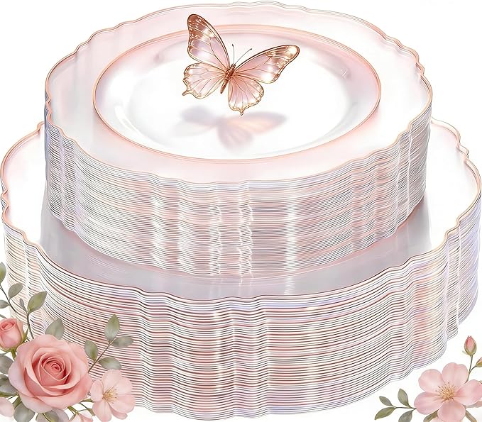 WDF 100pcs Rose Gold Plates Plastic Disposable - Baroque Clear and Rose Gold Plates for Mother's Day, Parties or Weddings including 50PCS Dinner Plates 10.25’’ and 50PCS Salad Plates 7.5’’