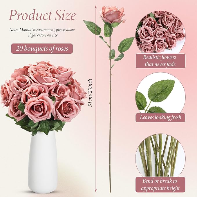 Hotop 20 Pcs Artificial Rose Flowers with Long Stem, Real Lifelike Silk Realistic Plastic Bouquet Roses Bulk for Home Decor Bridal Wedding Party Table Centerpieces Decorations(Dusty)