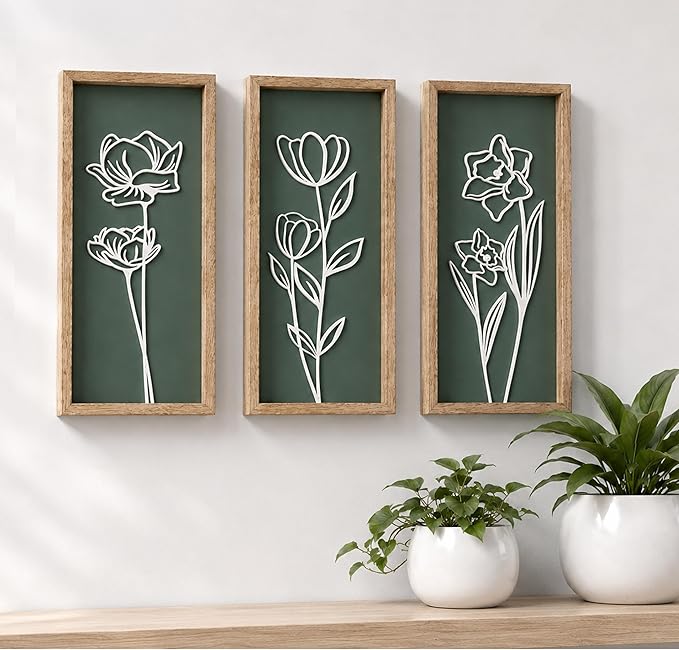 3D Floral Green Wall Art (Set of 3) Lightweight, Wooden Ready-to-Hang Boho Framed Wall Art for Bathroom, Master Bedroom, Living Room or Office - Premium Sage Green Farmhouse Decor - Gift-Boxed