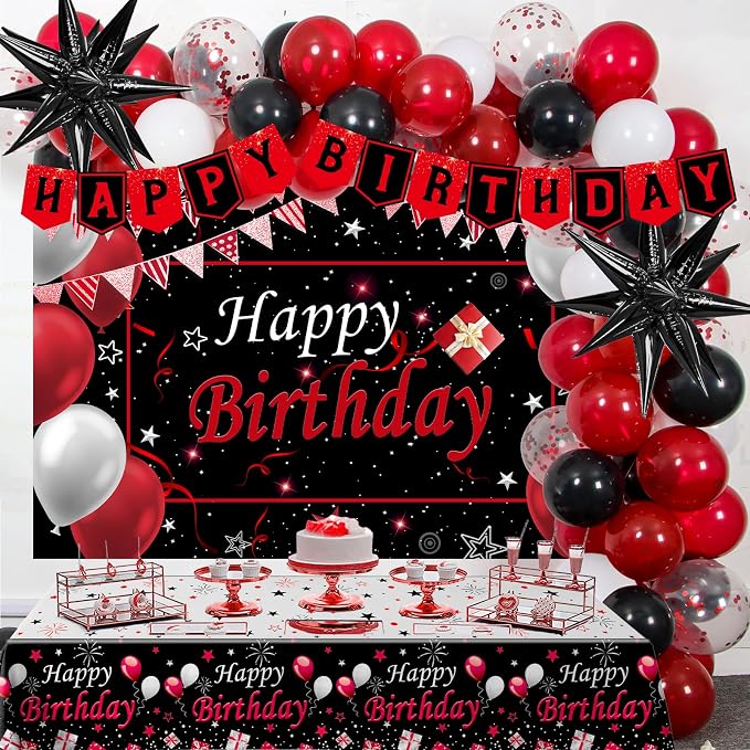 Red Birthday Decorations for Men Women Boys Girls, 75 PCS Red and Black Party Decorations Happy Birthday Backdrop Banner Party Supplies Confetti Star White and Black Balloons Arch Tablecloth