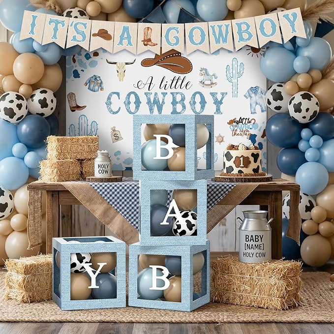 Cowboy Baby Shower Decorations for Boy, Blue Brown Balloons Arch Kit Balloon Boxes A Little Cowboy is on the Way Backdrop Banner Tablecloth Cake Topper Sash Corsage for Western Baby Shower Decor