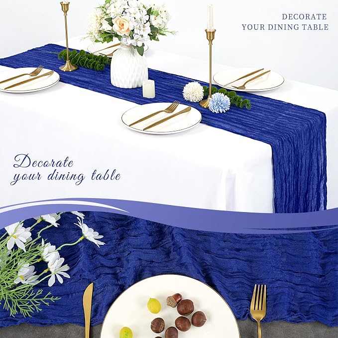 10 Pack Cheesecloth Table Runner 17 x 108 inch Long Boho Gauze Table Runners Semi Sheer Table Runner for Wedding Decor, Baby Shower, Birthday Party, Banquet (Royal Blue)