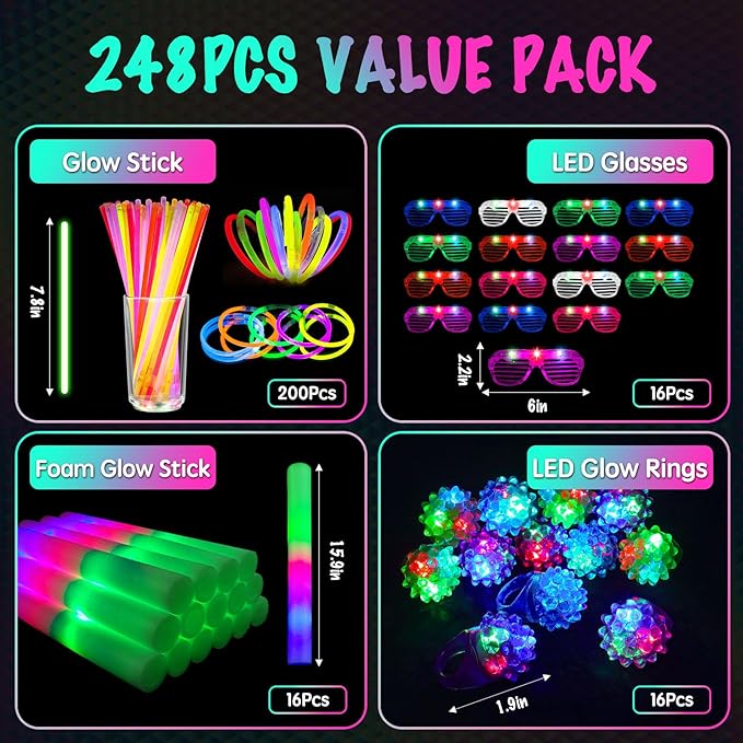 248Pcs Glow in the Dark Party Supplies, Light Up Toys Set with Glow Sticks, Glow Rings, Light Up Glasses, Glow Party Favors for Kids, Birthday Gifts, Classroom Prizes (Style1)