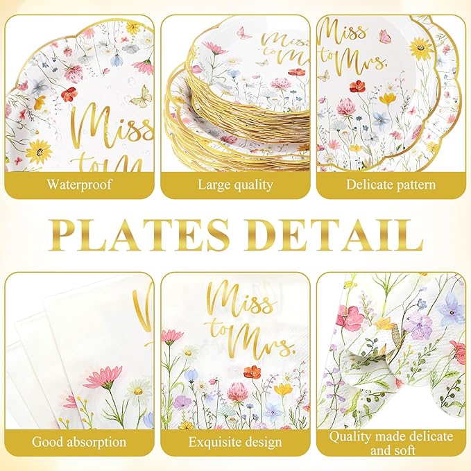 Funnymoom 452 Pcs Wildflower Bridal Shower Party Decorations for 50, Miss to Mrs Bridal Shower Paper Plates Napkins Cups Tablecloth Cutlery Straws for Love in Bloom Wedding Bachelorette Party Supplies
