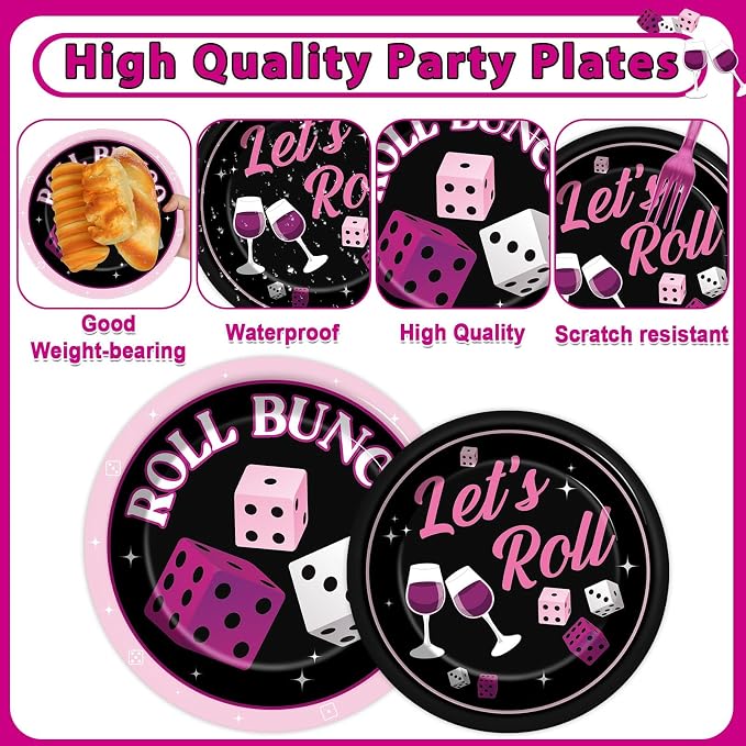 96Pcs Bunco Party Decorations Card Game Themed Tableware Pink Black Bunco Plates Napkins Forks And Napkins Let’s Roll Dinnerware Casino Night Bachelorette Party Supplies for Birthday Serves 24 Guests