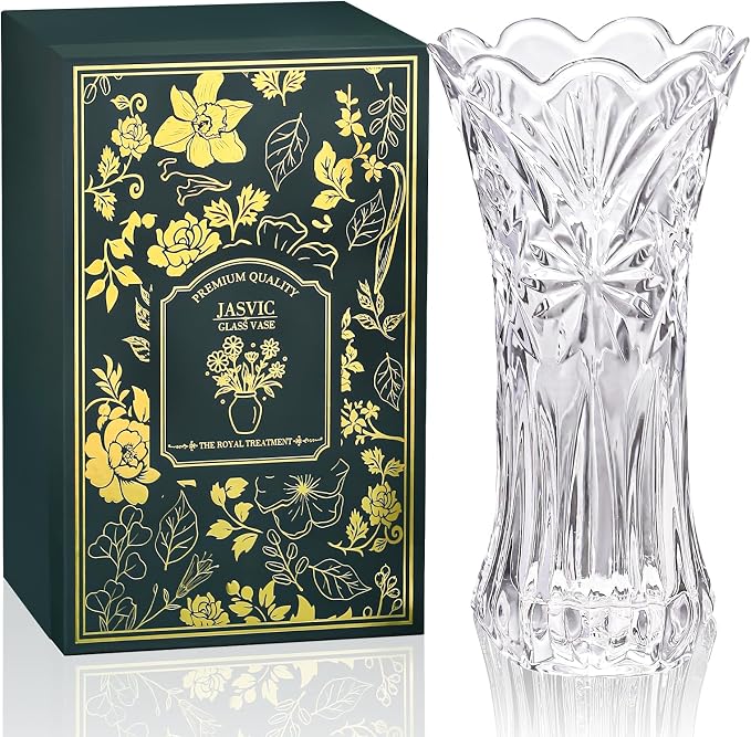 JASVIC 12 Inch Crystal Vase for Flowers with Luxury Gift Box, Snowflake Design, Large Crystal Clear Glass Vase Suitable for Home Office Decor, Mother's Day, Birthday, Wedding Anniversary