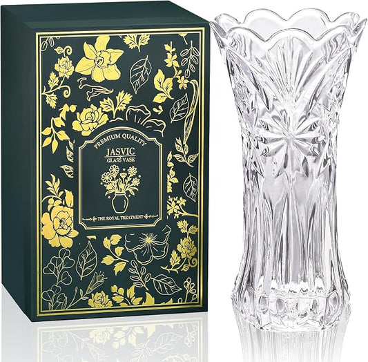 JASVIC 12 Inch Crystal Vase for Flowers with Luxury Gift Box, Snowflake Design, Large Crystal Clear Glass Vase Suitable for Home Office Decor, Mother's Day, Birthday, Wedding Anniversary