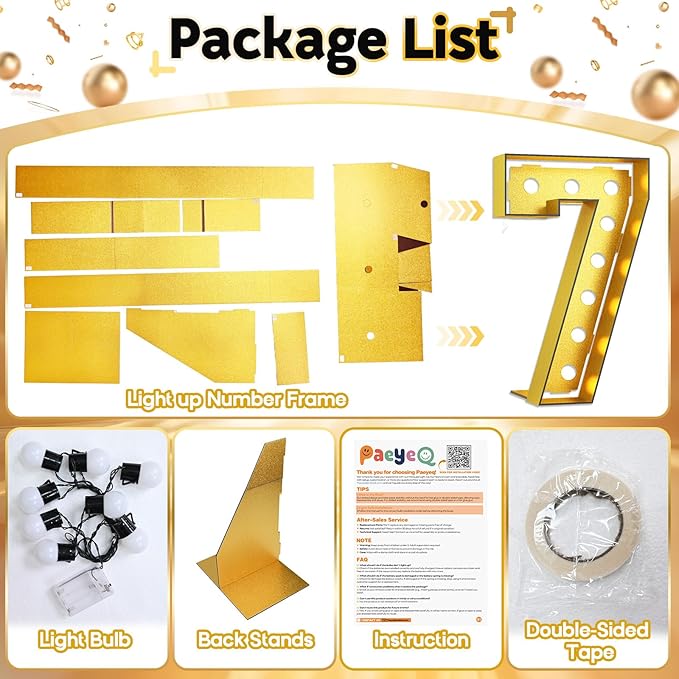 Light Up Number 7, Marquee Light Up Numbers Gold 4FT, Large Led Numbers Lights for 7th Birthday, 4 Feet Tall DIY Frame Pre-Cut Foam Board Kit for Night Light Party Anniversary Decorations
