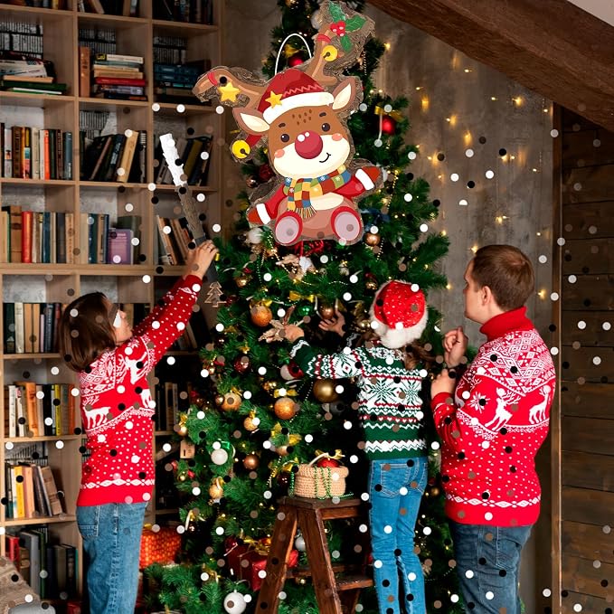 15.1'' Christmas Party Elk Piñata, 4 Pcs Xams Pinata Bundle, Winter Wonderland Party Decorations Elk Piñata Blindfold Stick etc