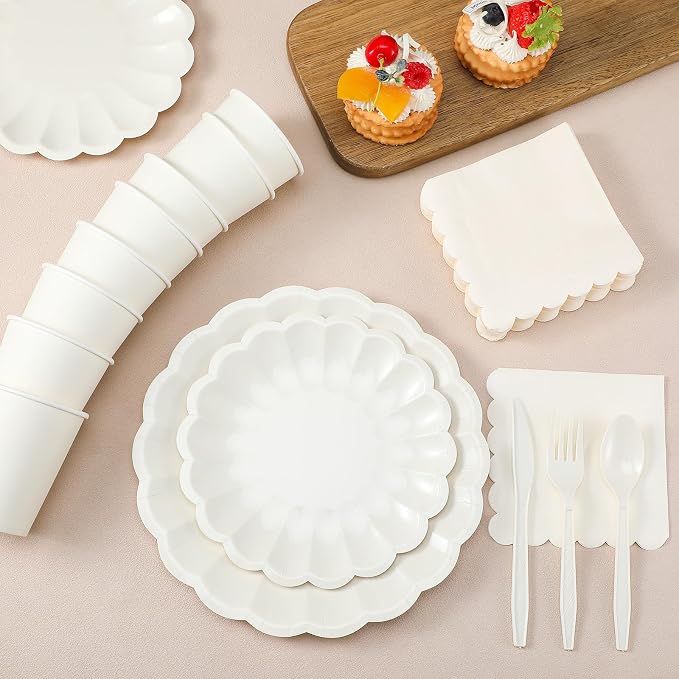 Newtay 350 Pcs Ivory Scalloped Paper Plates and Napkins Party Supplies for 50 Guests Cream White Disposable Plastic Tableware Cups Spoons Forks Knives for Wedding Baby Shower Picnic Birthday Party