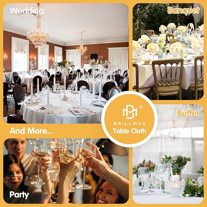 BRILLMAX 4 Pack White Round Tablecloths 132 Inch for 72” Tables - 150 GSM Polyester Fabric, Floor Length Drop, Water, Stain & Wrinkle Resistant Cloth Cover for Wedding Reception Banquet Dining