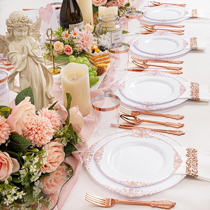 Morejoy 175PCS Rose Gold Plastic Plates & Plastic Silverware inculdes: 25 Dinner Plates,25 Dessert Plates, 25 Forks,25 Knives, 25 Spoons, 25 Cups,25 Napkins Perfect for Wedding & Party & Mother's Day