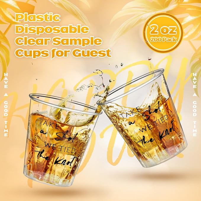 Domensi 200 Pieces Plastic Shot Clear Glasses 2 oz Take a Shot We Tied The Knot Disposable Mini Glasses Bulk Wedding Favors Cup for Weddings, Bridal Showers, Engagement Parties(Black)