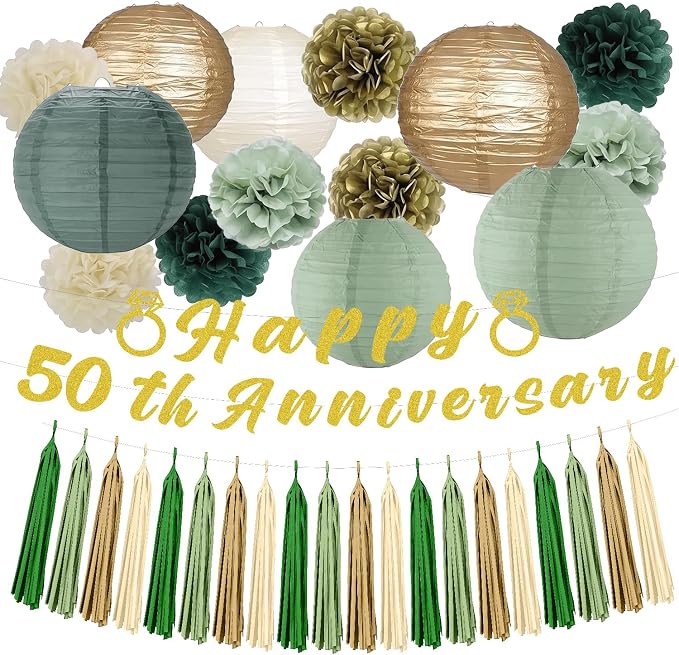 50th Anniversary Decorations, 21PCS Happy 50th Anniversary Party Banners Pompoms Paper Lanterns Tassels Decor Set, Cheers to 50 Years Wedding Celebration Party Supplies for Dad Mom