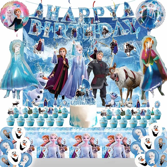 Cartoon Birthday Party Decorations Set with Latex Balloons | Foil Balloons | Happy Birthday Banner | Cake Toppers | Tablecloth | Hanging Swirls | Stickers for Winter Princess Theme Celebration