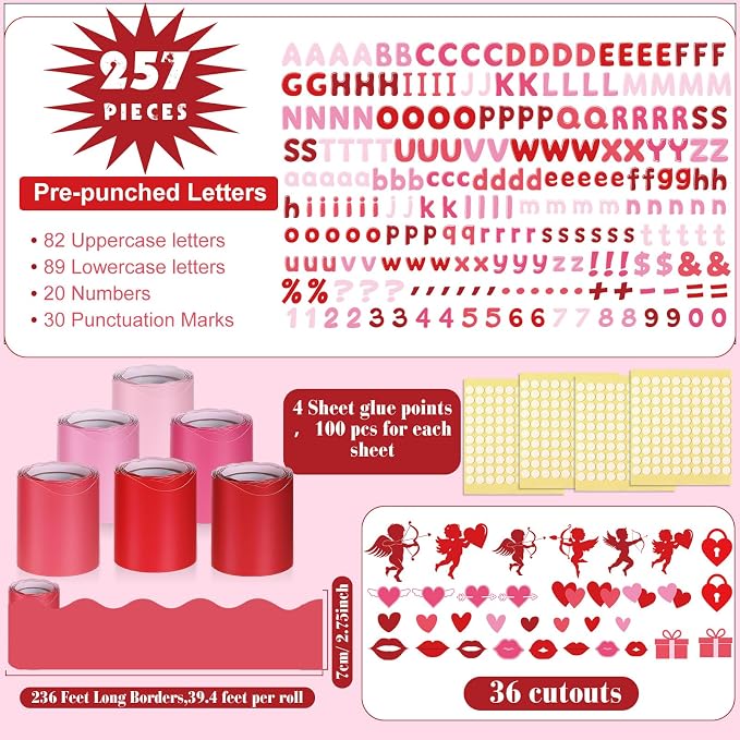 Kosiz Heart Bulletin Board Decoration Set 118 ft Scalloped Large Bulletin Board Borders Classroom Poster Border Trim with 257 Pcs Letter Number Symbol Cutout for Back to School Decor
