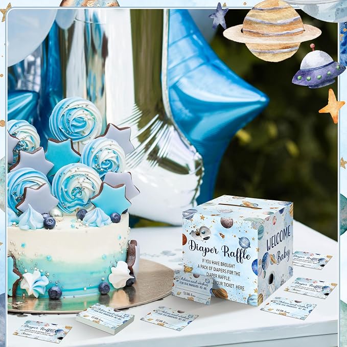 Teling 51 Pieces Diaper Raffle Tickets with Card Box Baby Shower Decorations Baby Shower Holder Box for Girl Boy Diaper Raffle Party(Outer Space)
