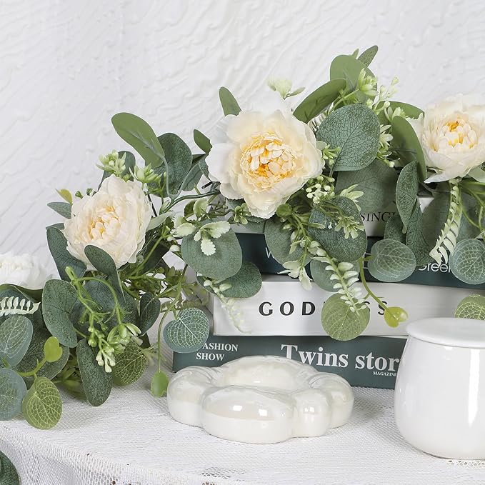 DEMIUKO 4PCS 6.56Ft Artificial Eucalyptus Flower Garland Fake Peony Flower Vine Faux Eucalyptus Leaves Greenery Garlands Spring Garland for Wedding Party Centerpiece Arch Table Runner Backdrop Decor