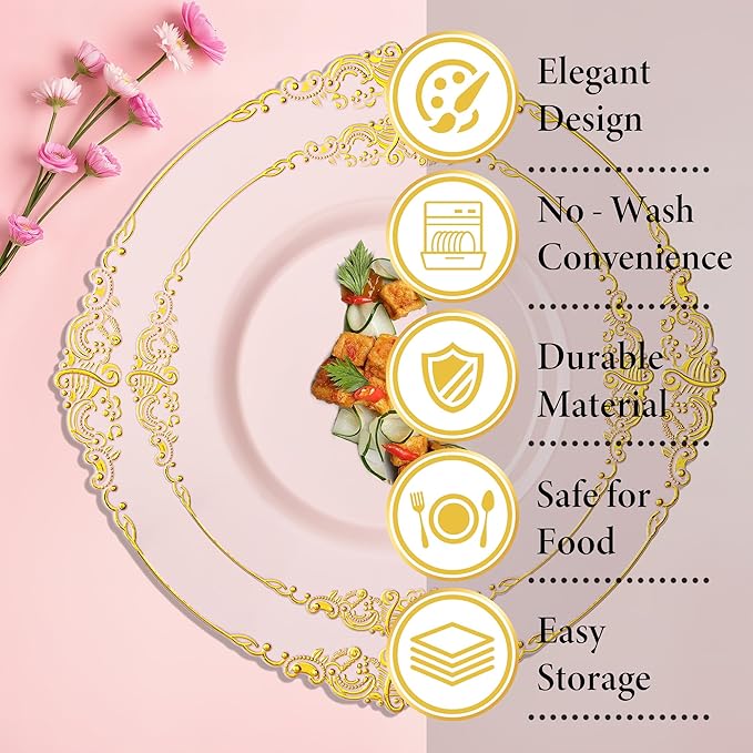 Nervure 700PCS Pink Gold Plastic Plates - Pink Plastic Dinnerware Sets for 100 Guests - 200 Disposable Plates, 300 Silverware, 100 Cups, 100 Napkins for Wedding, Party & Mothers Day