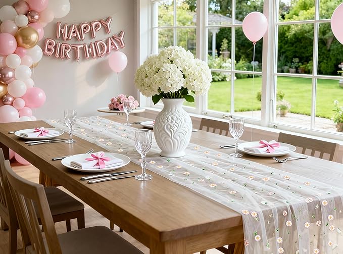 FEXIA Spring Table Runner 10FT Elegant Garden Tea Party Decor Pastel Embroidered Sheer Mesh Floral Gauze Summer Wedding & Easter Party Bridal Shower Living Room Styling Valentine Home Decor