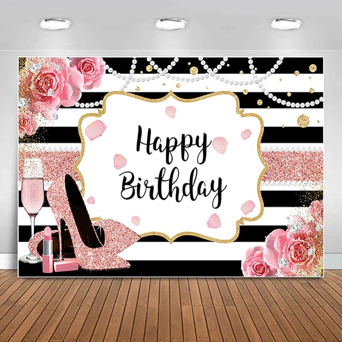 Sensfun 10x6.5ft Pink Floral Happy Birthday Backdrop for Women Glitter Rose Gold High Heel Champagne Photography Background Black Stripes Decorations Girl Sweet Birthday Party Banner Photo Booth Props