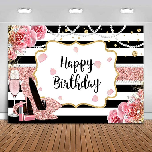 Sensfun 10x6.5ft Pink Floral Happy Birthday Backdrop for Women Glitter Rose Gold High Heel Champagne Photography Background Black Stripes Decorations Girl Sweet Birthday Party Banner Photo Booth Props